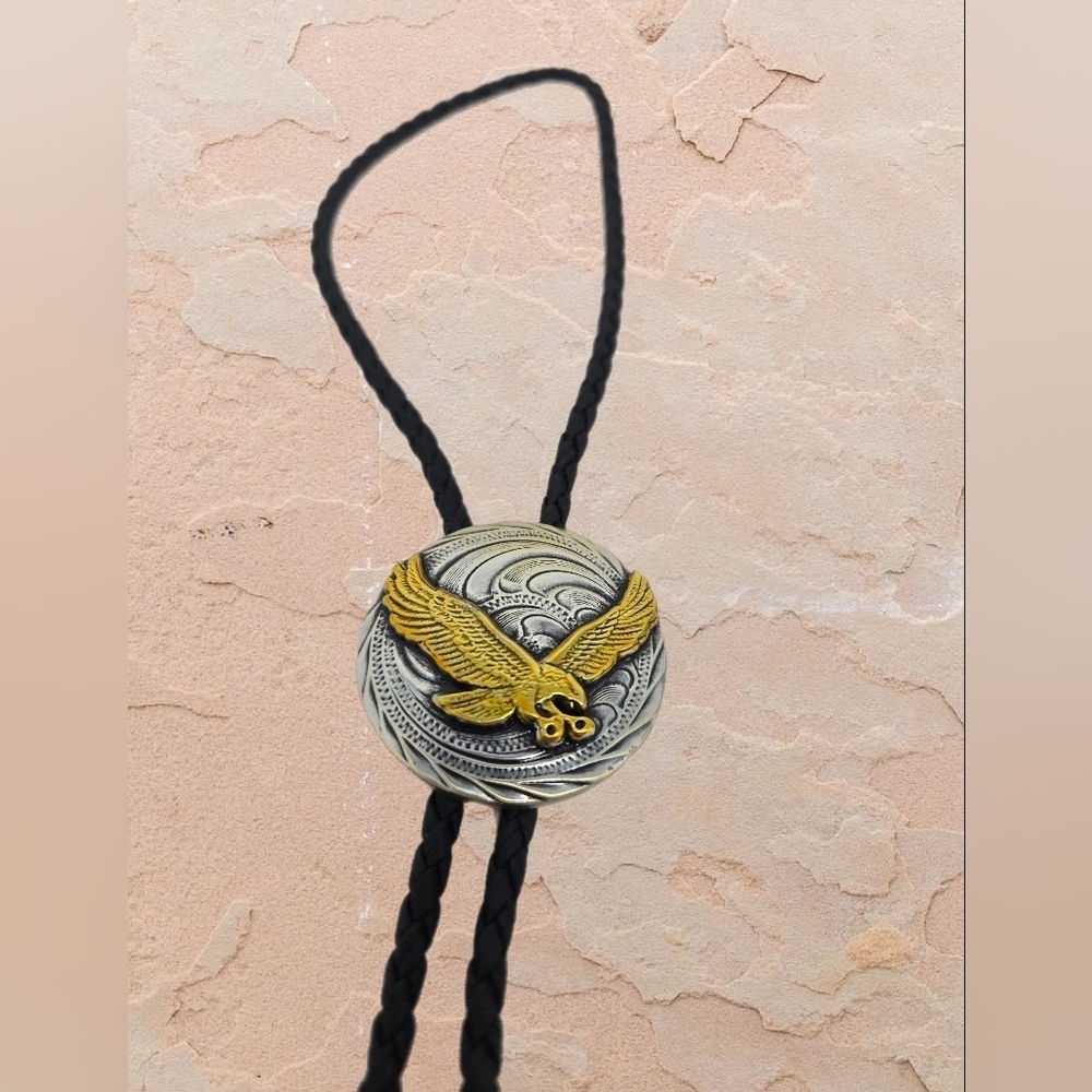 Silver & Gold Tone Eagle Landing Bolo Western Cowboy Tie Adj Braided Tie Rodeo